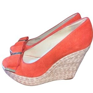 MICHAEL KORS MEG 7M Wedges SUEDE Heels ORANGE Open Toes Peep Platforms Shoes